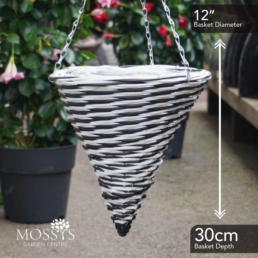 All Weather Black & White Cone 12" Hanging Basket