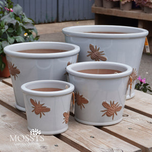 'Light Grey' Bee Kind Bumble Bee Glazed Pots Frost Proof Planters