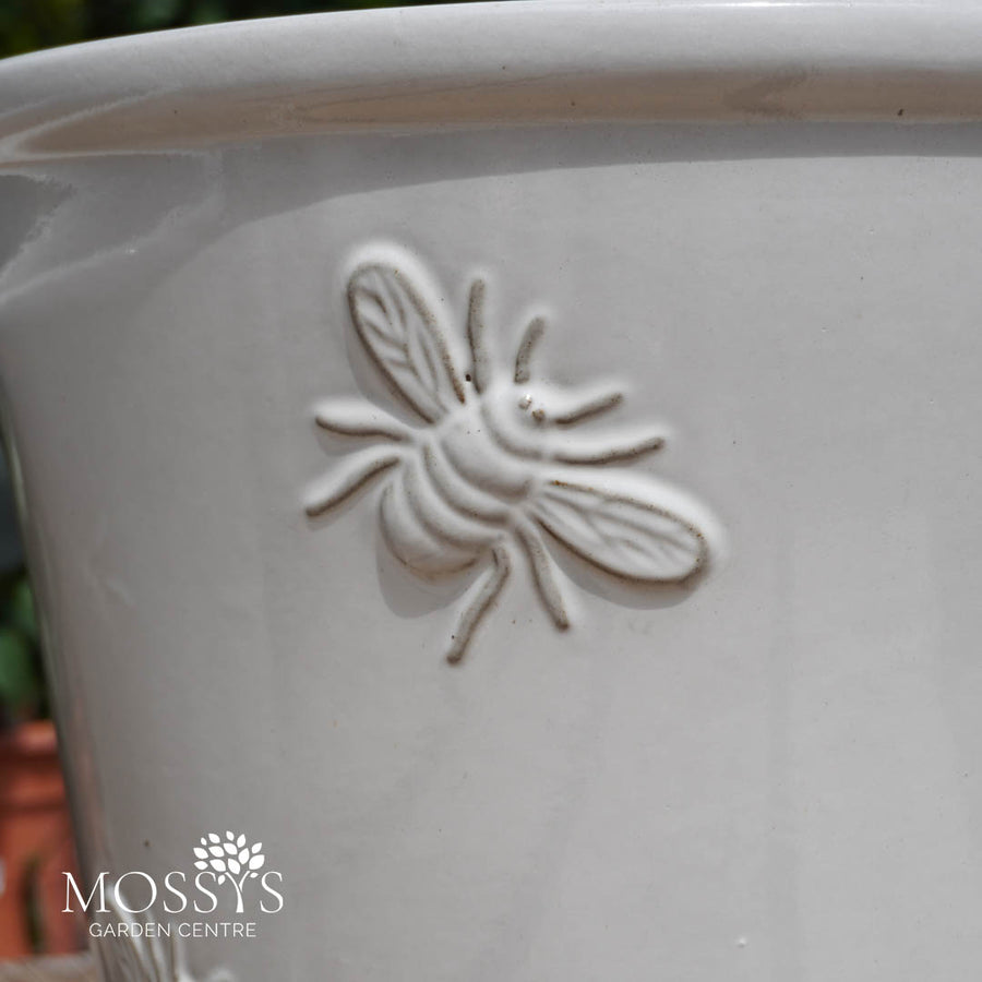 'Creamy White' Bee Kind Bumble Bee Glazed Pots Frost Proof Planters