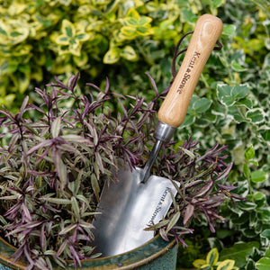 kent and stowe stainless steel hand trowel in a plant pot